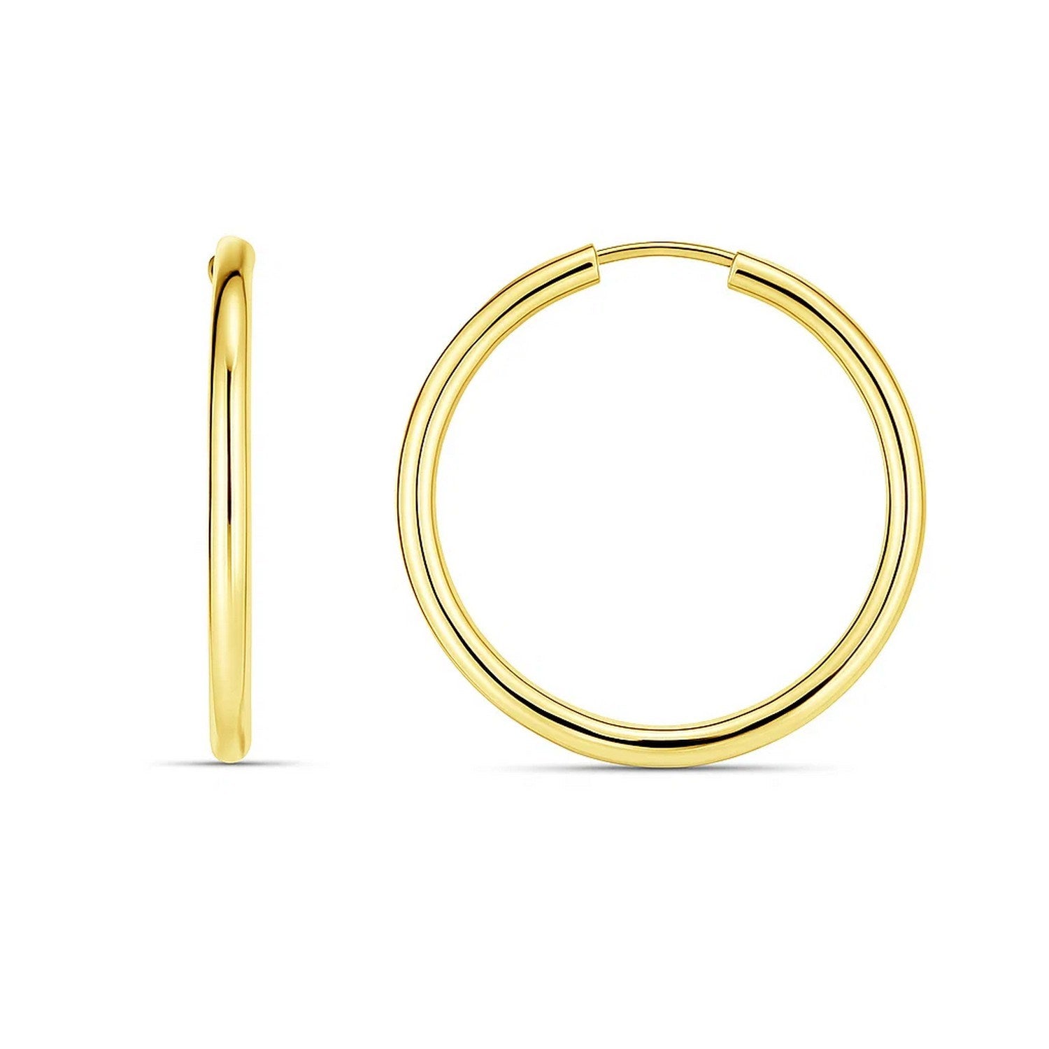 14k Yellow Gold Endless Round Hoop Earrings(2x21mm) in a sleek high-contrast midnight luxury editorial style